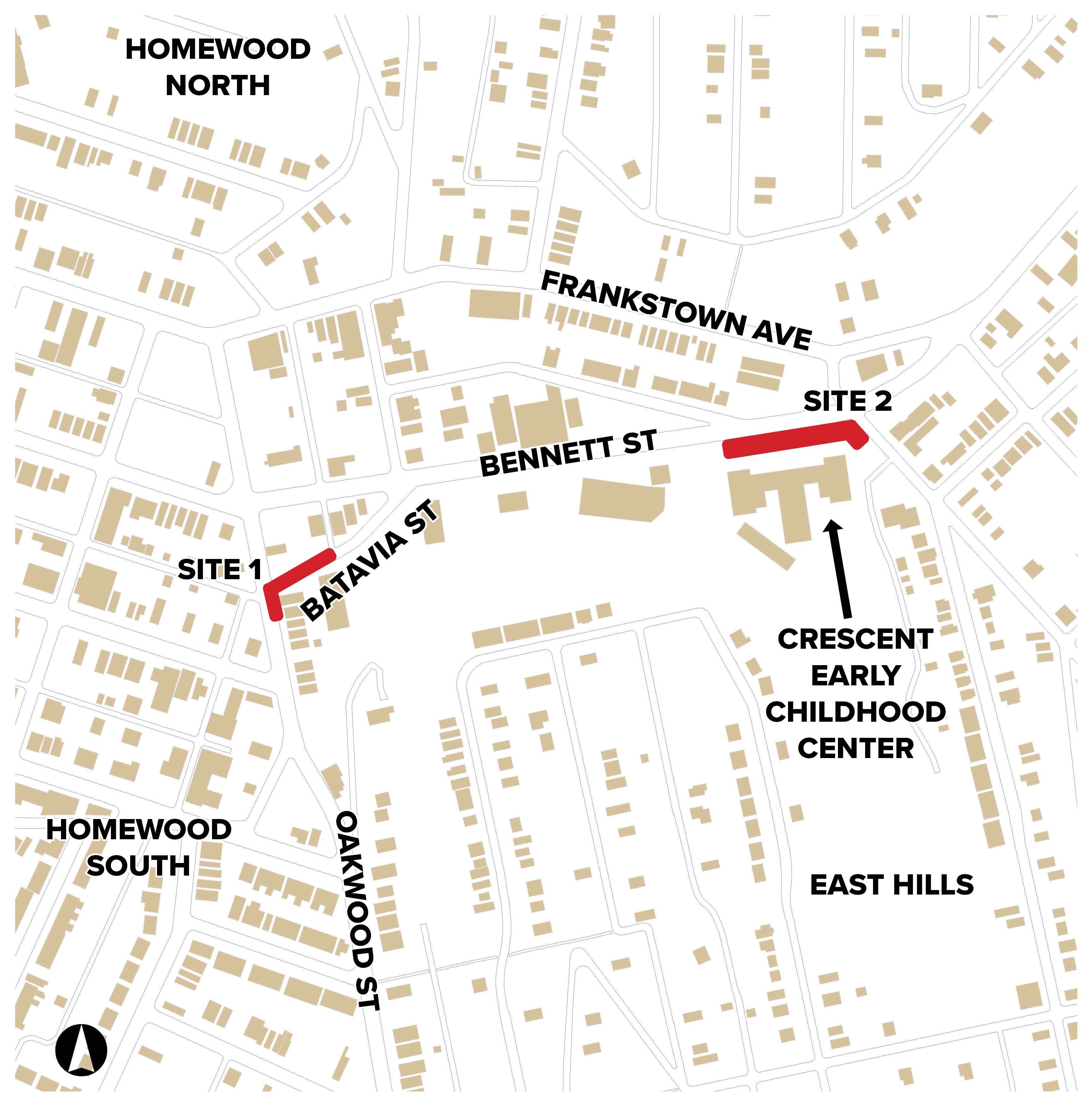 Map of the Rosedale Runoff Reduction Project locations at Oakwood and Batavia Streets and the Crescent Early Childhood Center.