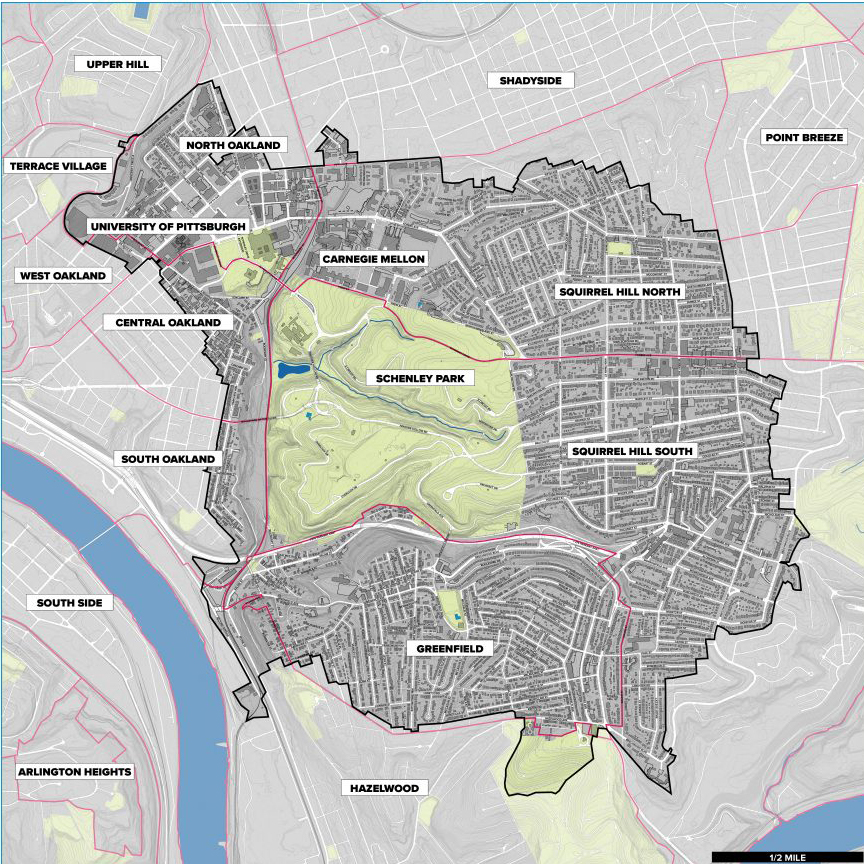 Map of Four Mile Run showing its boundaries, neighborhoods, and connection to the Monongahela River