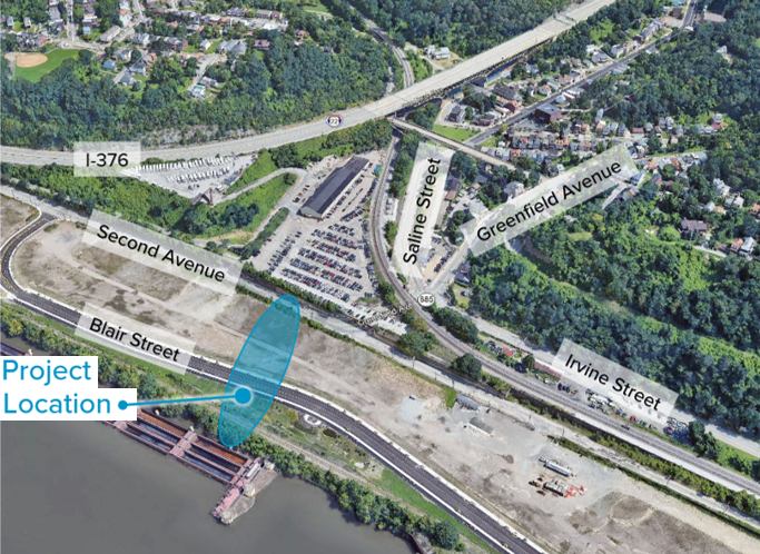 Map of the M 29 outfall improvements project location between Second Avenue and the Monongahela River at the Hazelwood Green site
