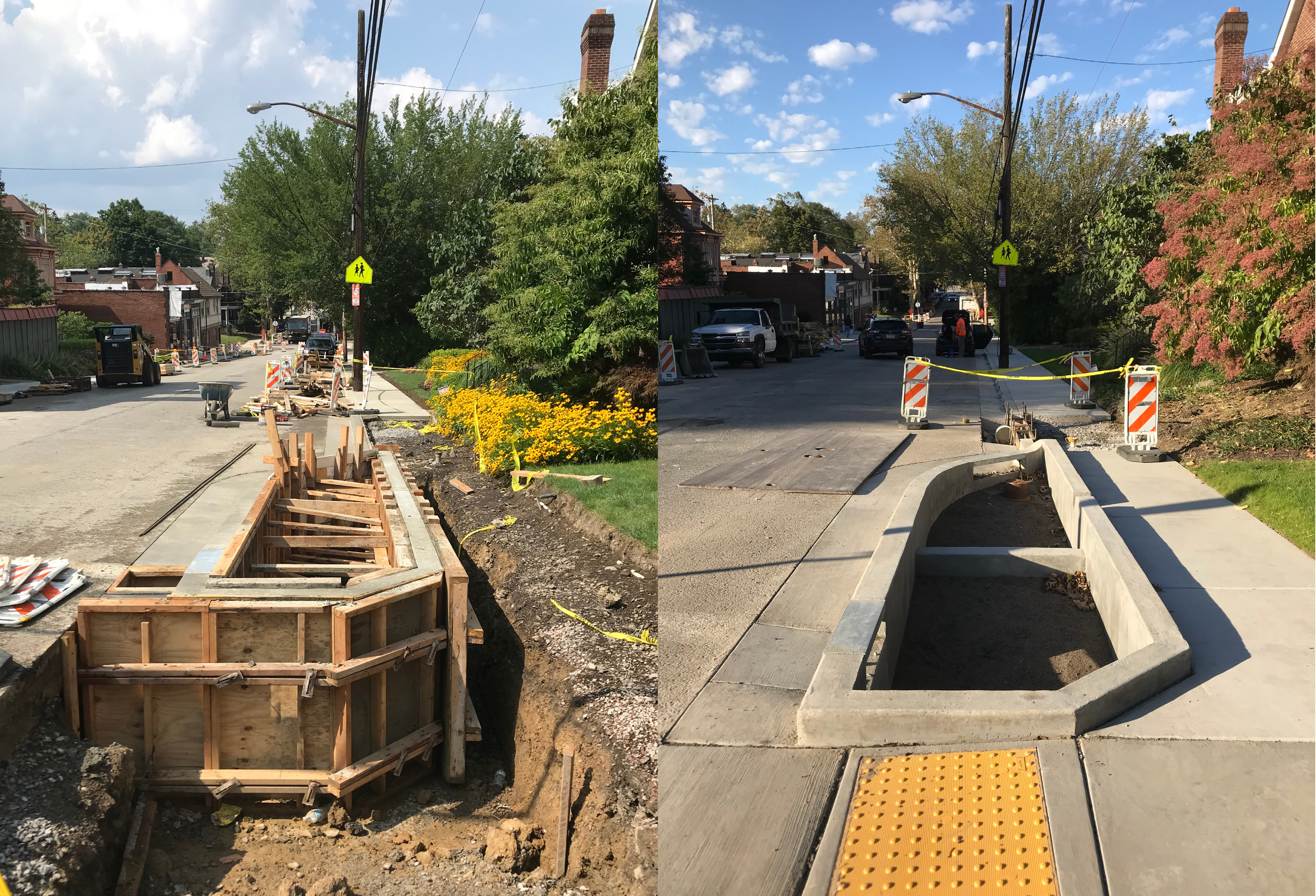 Two photos side-by-side showing a stormwater bumpout with wooden forms for concrete, and the finished concrete bumpout