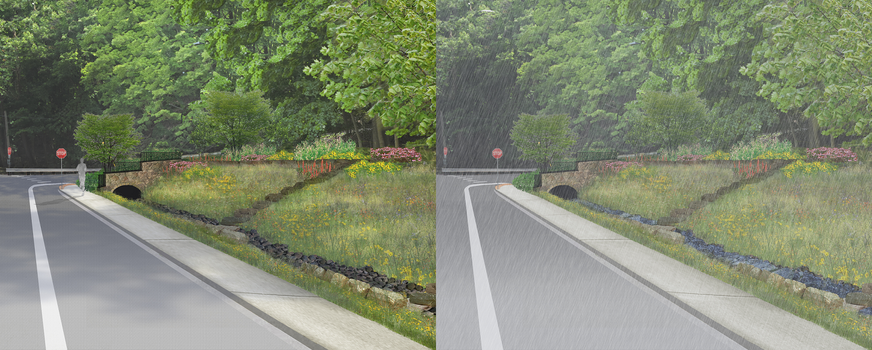 Two renderings of the Woods Run Phase Two stormwater storage channel, one showing dry weather and one showing wet weather