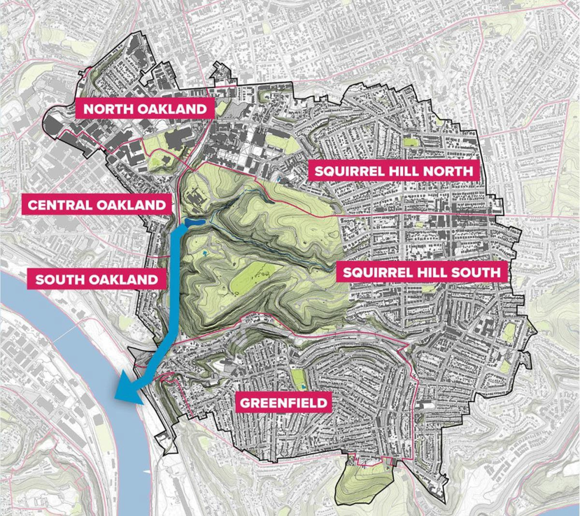 Map of Four Mile Run Waershed and Schenley Park