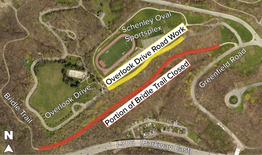 Map of Schenley Park showing road work on Overlook Drive and trail closure on a portion of the Bridle Trail