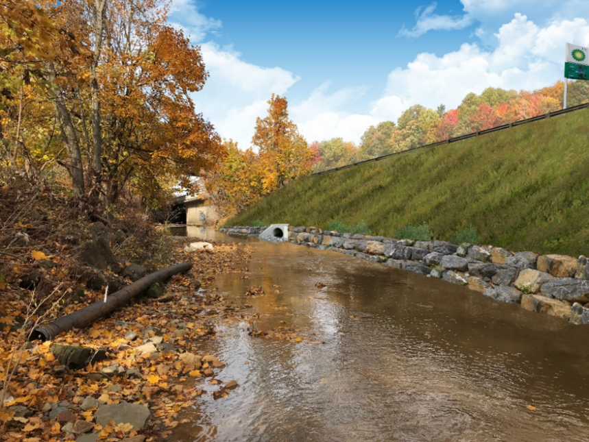 Rendering of a completed stream restoration near Nobles Lane and Ansonia Place