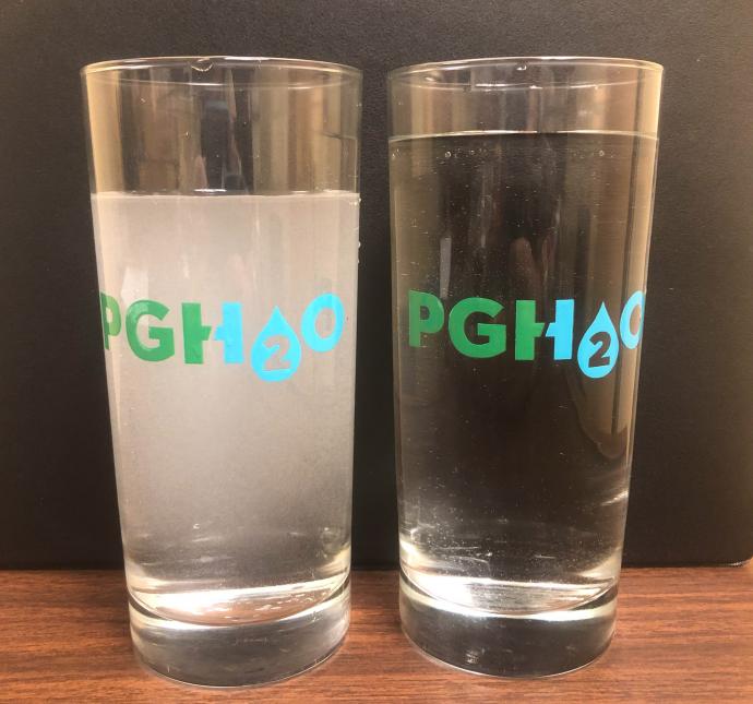 A glass of cloudy water (left) and a glass of clear water (right)