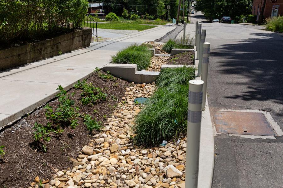 A bioretention area at the Hillcrest Stormwater Project in Pittsburgh's Garfield neighborhood.
