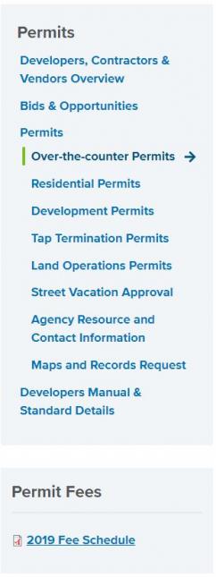 Sidebar menu of the Developers, Contractors & Vendors section