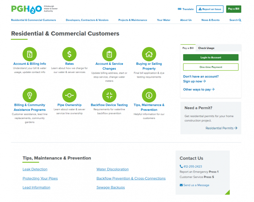 A screenshot of the Residential & Commercial Customers page