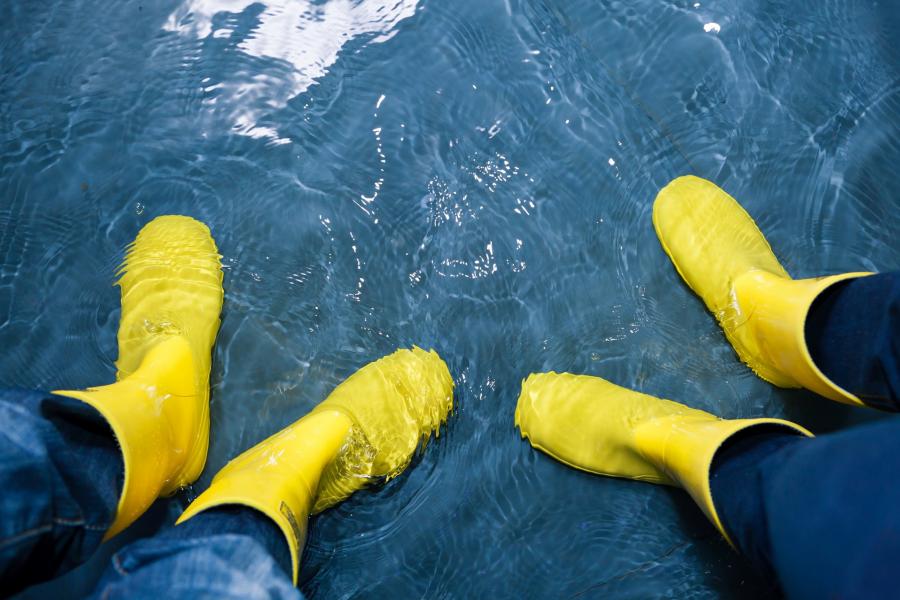 Stock image of people wearing yellow rain boots standing on a rain covered sidewalk