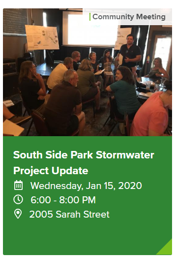 A screenshot of a link to an upcoming South Side Park Stormwater Project Update 
