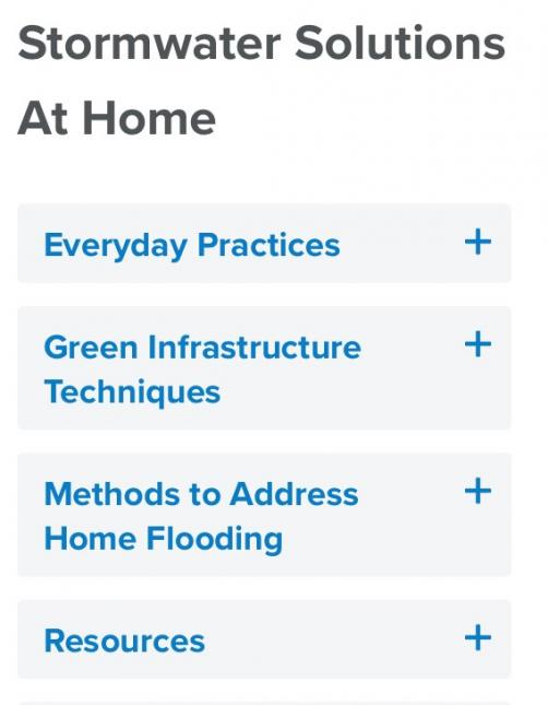 Screenshot of an accordion menu for Stormwater Solutions At Home