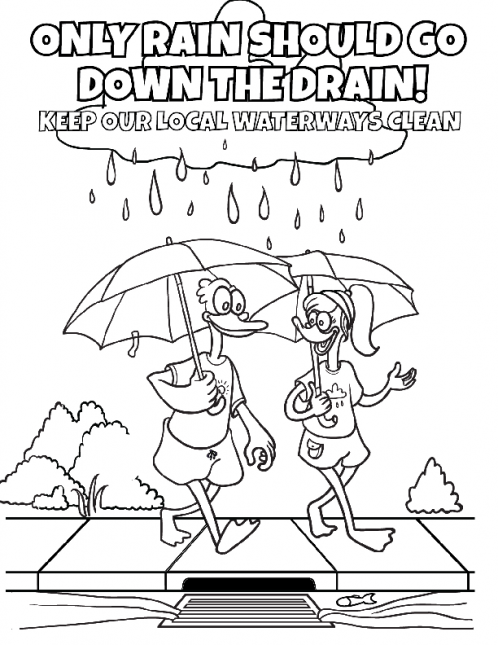 Coloring book page with two ducks holding umbrellas in the rain