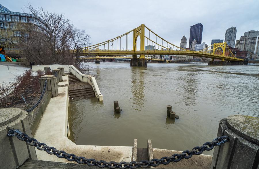 The Allegheny River flooding over a wharf in downtown Pittsburgh.