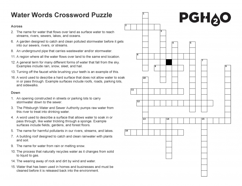 Image of our Pittsburgh Water Words Crossword Puzzle
