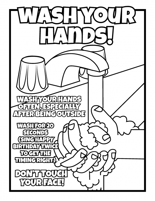 Coloring sheet that explains how to wash your hands properly