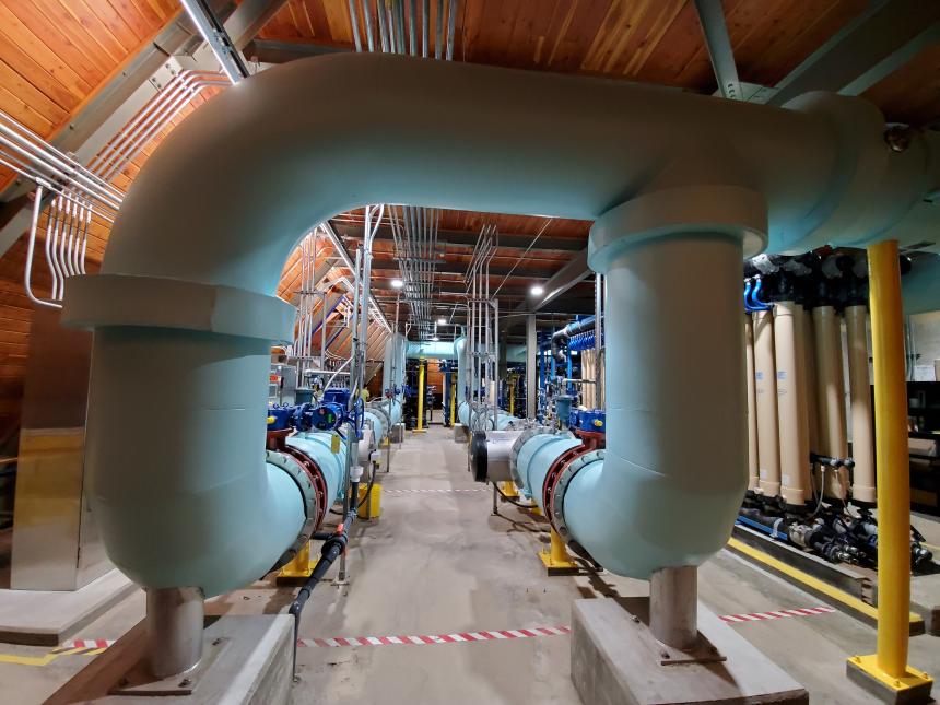 Water treated by ultraviolet (UV) light disinfection flows through these pipes and is distributed through the water system to thousands of taps throughout Pittsburgh.