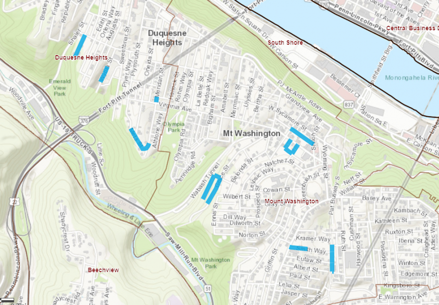 Map showing streets in Mt. Washington where water mains will be replaced in early 2021.