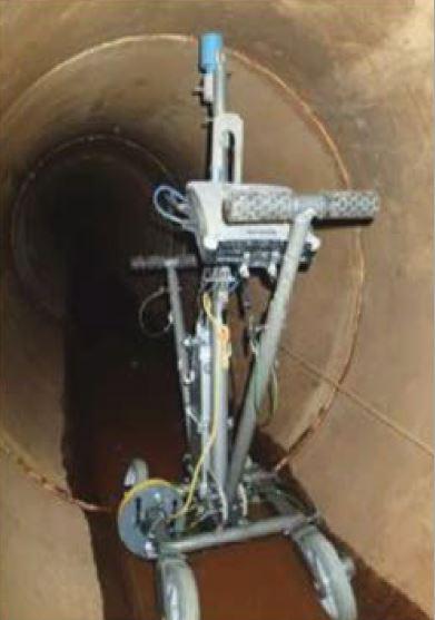 Electromagnetic robotic tool used in Phase II to collect data on the pipe walls. 