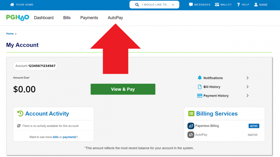 Screenshot of our paperless billing and payment portal dashboard showing AutoPay menu button