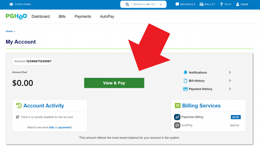 Screenshot of our paperless billing and payment portal dashboard showing view and pay button