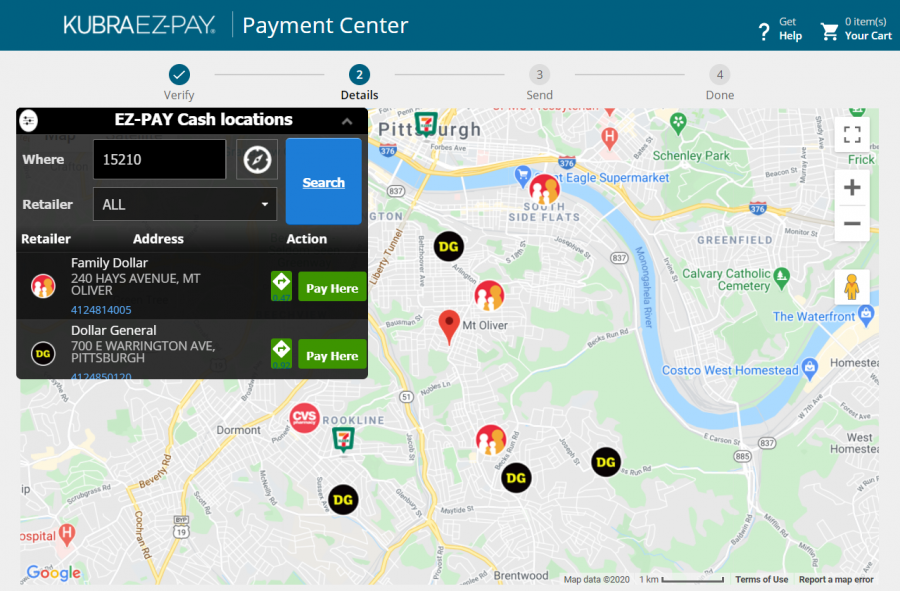 Screenshot of the online EZ-PAY portal retail cash payment locations map