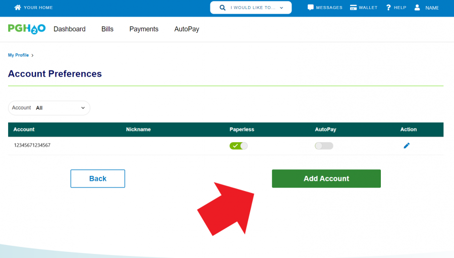 Screenshot of our paperless billing and payment portal showing account preference page and add account button