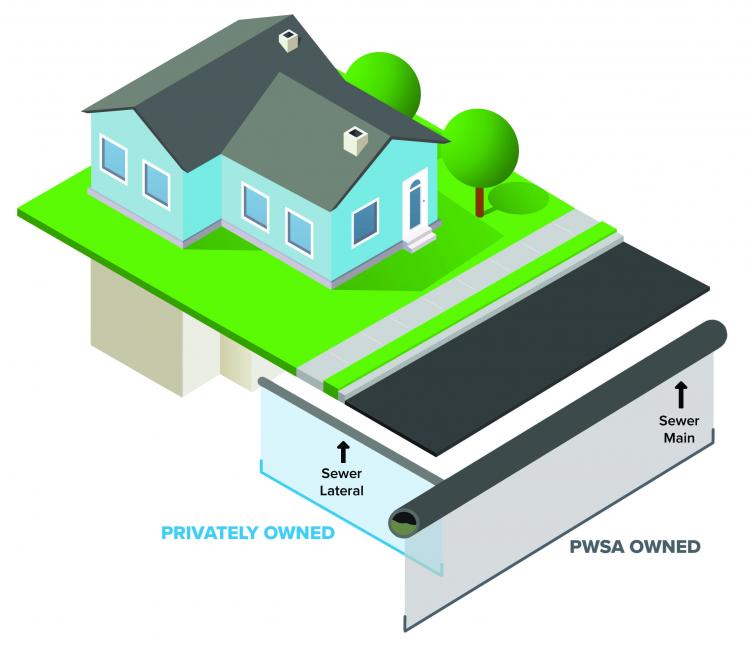 Graphic depicting the sewer lateral is owned by the property owner from the property to the main. The sewer main in the street is owned by PWSA..