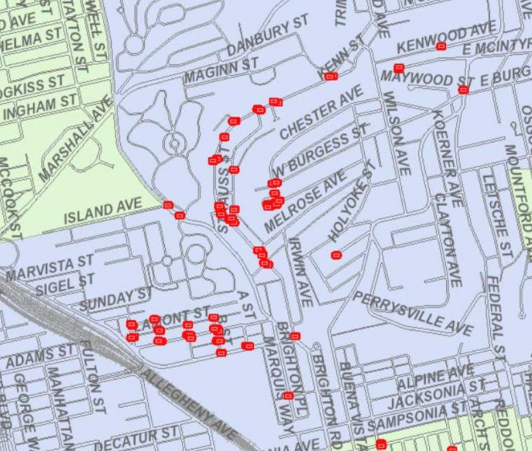 Map of storm drain replacement locations in Perry South neighborhood