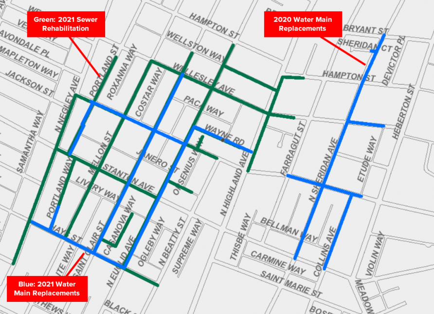 Graphic of 2020 water main replacement work and planned water and sewer work for 2021.