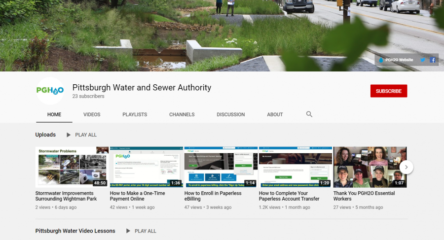 Screenshot of the Pittsburgh Water and Sewer Authority YouTube Channel webpage