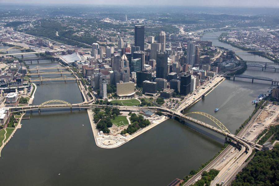 An overhead view of the Pittsburgh skyline