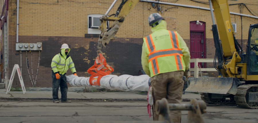Image from ASCE mini-documentary “American Infrastructure: Beneath our Feet” - crews installing new water main on N. Lang Avenue.