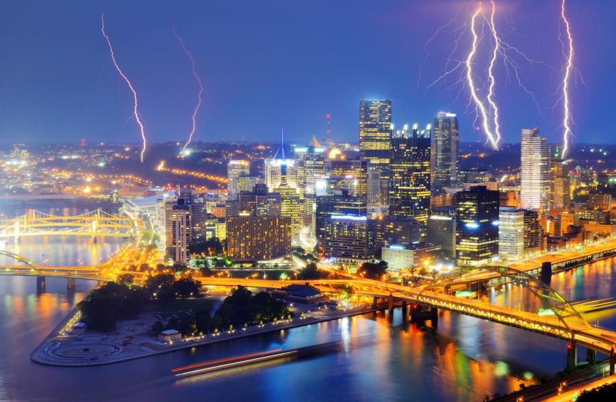 Photo of lightning striking downtown Pittsburgh by the Point