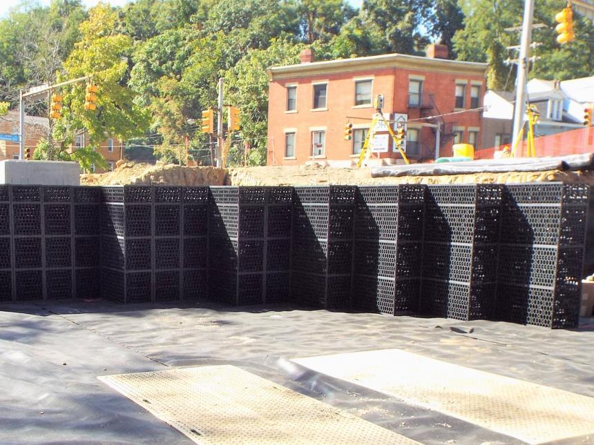 Partially installed R-Tanks at the bottom of the Centre and Herron Stormwater Project in the Hill District.  