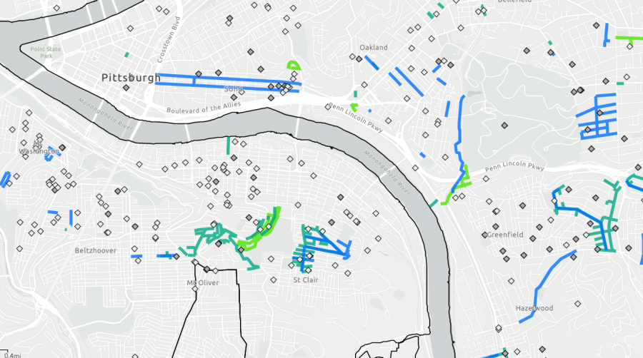 Web map shows street and sidewalk restoration sites as well as water, sewer, and green stormwater projects.