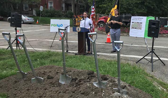 PWSA Chief Executive Officer, Will Pickering, speaks at the Thomas and McPherson ground breaking in North Point Breeze.