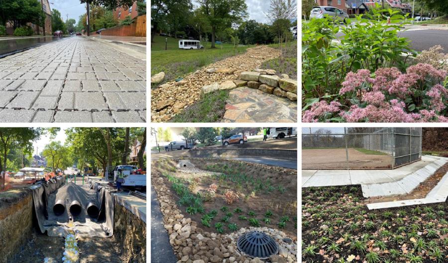 Clockwise from top left: Maryland Avenue, Woodland Road, Wightman Park Phase Two, Volunteers Field, Lawn and Ophelia, and Thomas and McPherson projects.