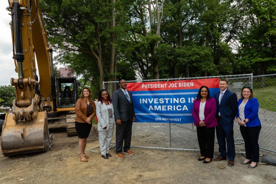 (from left) Rep. Sara Innamorato, Congresswoman Summer Lee, Pittsburgh Mayor Ed Gainey, EPA Assistant Administrator for Water Radhika Fox, PWSA CEO Will Pickering, and Senator Lindsay Williams visit the Highland Reservoir Rising Main Project.