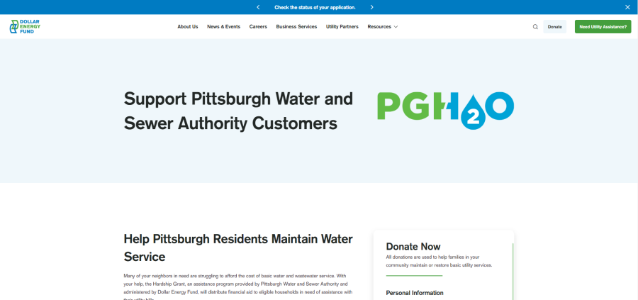 Screenshot of Dollar Energy Fund PWSA donation website.
