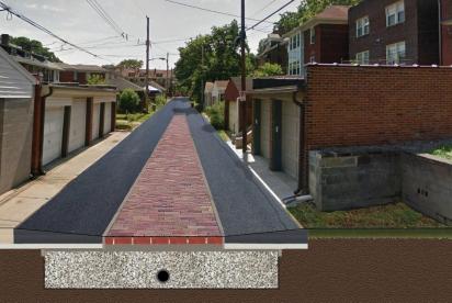 Rendering of an alleyway with permeable pavers and underground stone stormwater storage.
