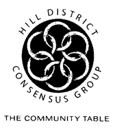 The logo for the Hill District Consensus Group: 6 white rings interlocked in a black circle