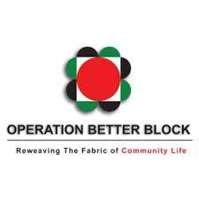 The logo for Operation Better Block, a red circle within a white square within a black and green four leaf clover shape
