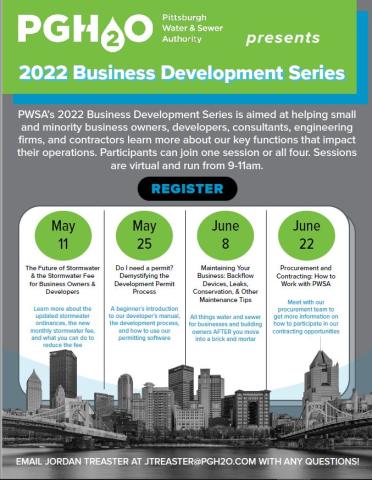 Flyer with dates and topics of the 2022 Business Development Series.
