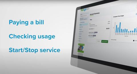 A computer screen displaying our customer service portal with text saying paying a bill, checking usage, and start/stop service.