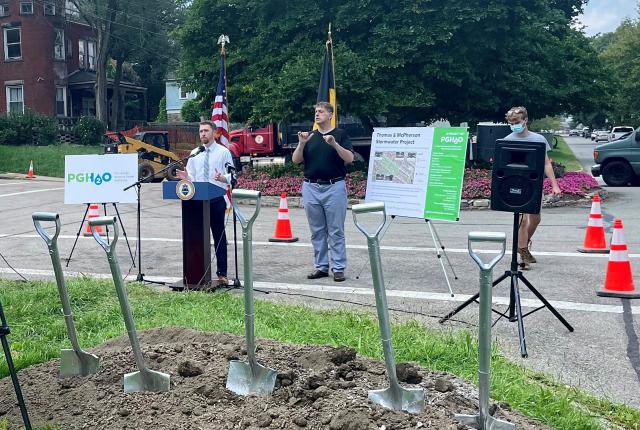 Will Pickering speaking at the groundbreaking event for the Thomas & McPherson Stormwater Project.