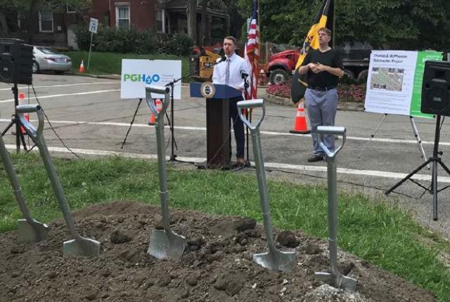 PWSA Chief Executive Officer, Will Pickering, speaks at the Thomas and McPherson ground breaking in North Point Breeze.