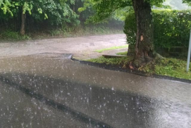 Rain falling in a Pittsburgh neighborhood