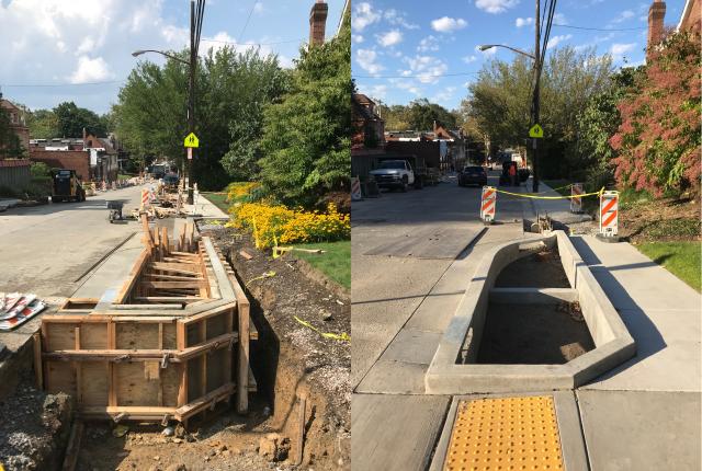 Two photos side-by-side showing a stormwater bumpout with wooden forms for concrete, and the finished concrete bumpout