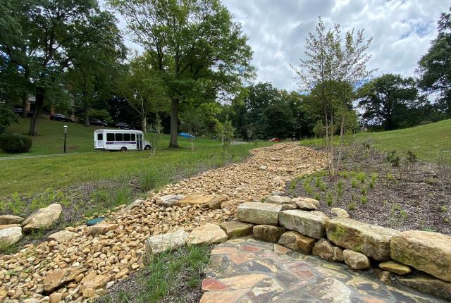 Photo of a dry stream bed surrounded by plants and boulders at the Woodland Road project on Chatham University's campus.