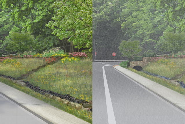 Two renderings of the Woods Run Phase Two stormwater storage channel, one showing dry weather and one showing wet weather